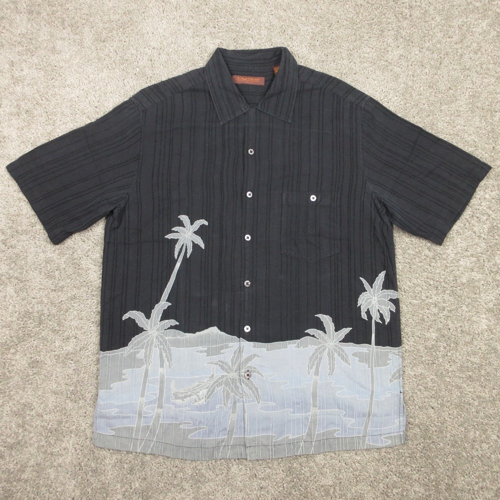 Tori Richard Shirt Mens Large Black Textured Graphic Silk Hawaiian Button Up